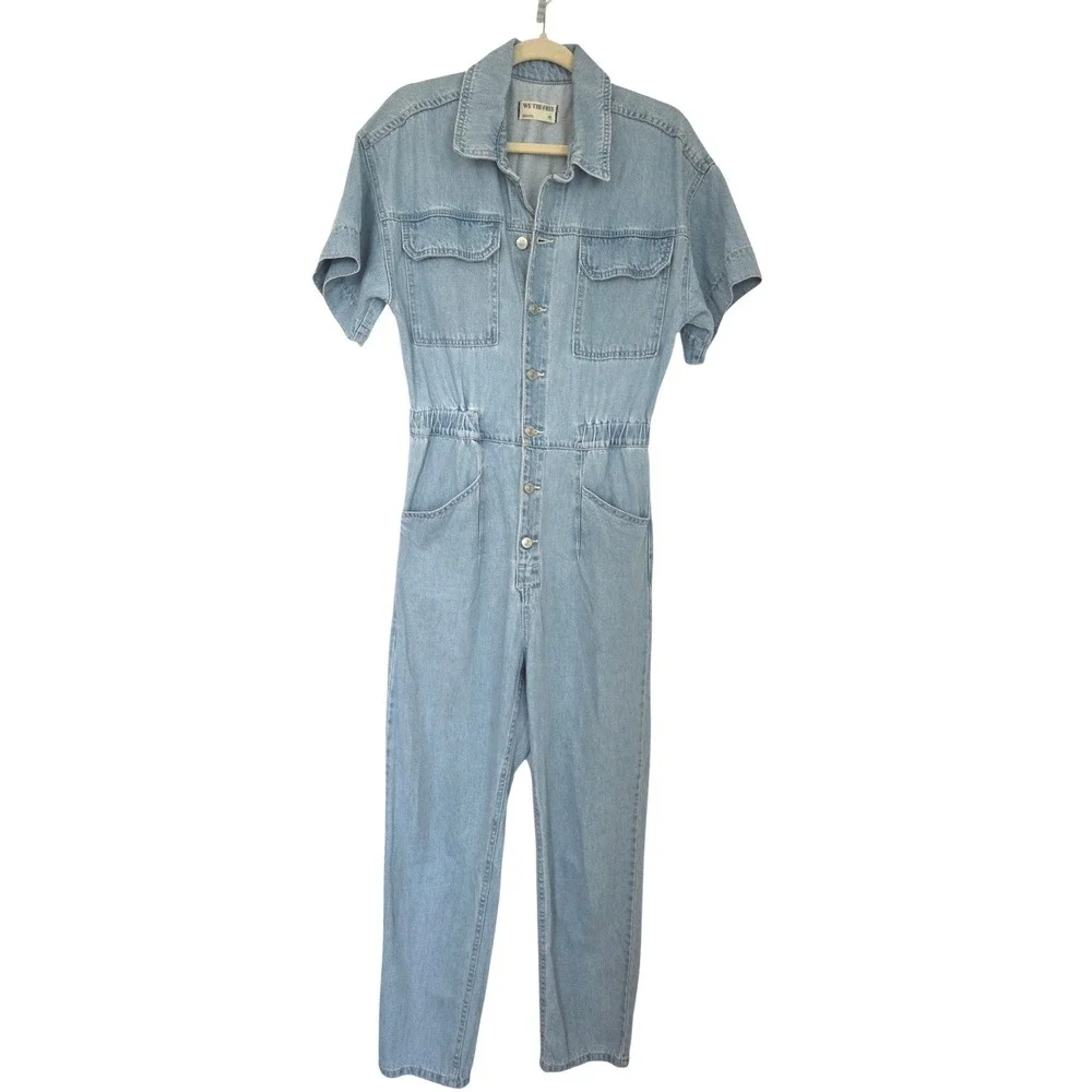 Free People We the Free Marci Denim Jumpsuit Light Wash Blue Utility M Pockets